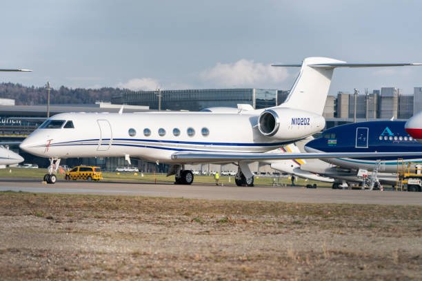 Zurich, Switzerland, January 19, 2023 Gulfstream V business aircraft is parking on the apron during the world economic forum in Davos