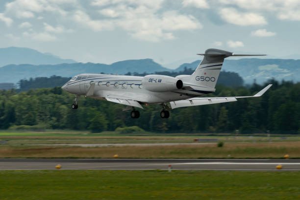 Zurich, Switzerland, July 13, 2023 OE-LVA Gulfstream G500 aircraft is landing on runway 14