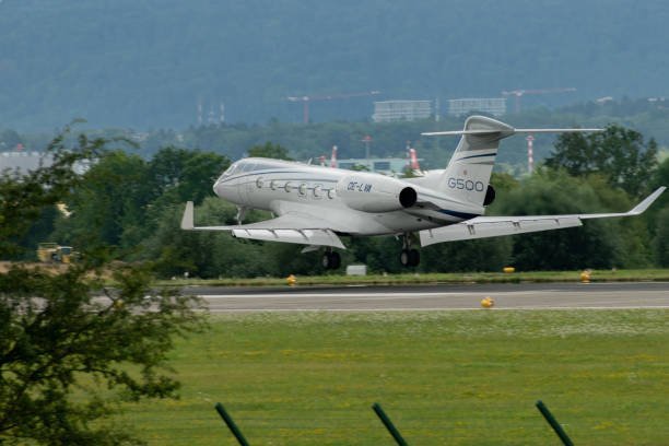 Zurich, Switzerland, July 13, 2023 OE-LVA Gulfstream G500 aircraft is landing on runway 14